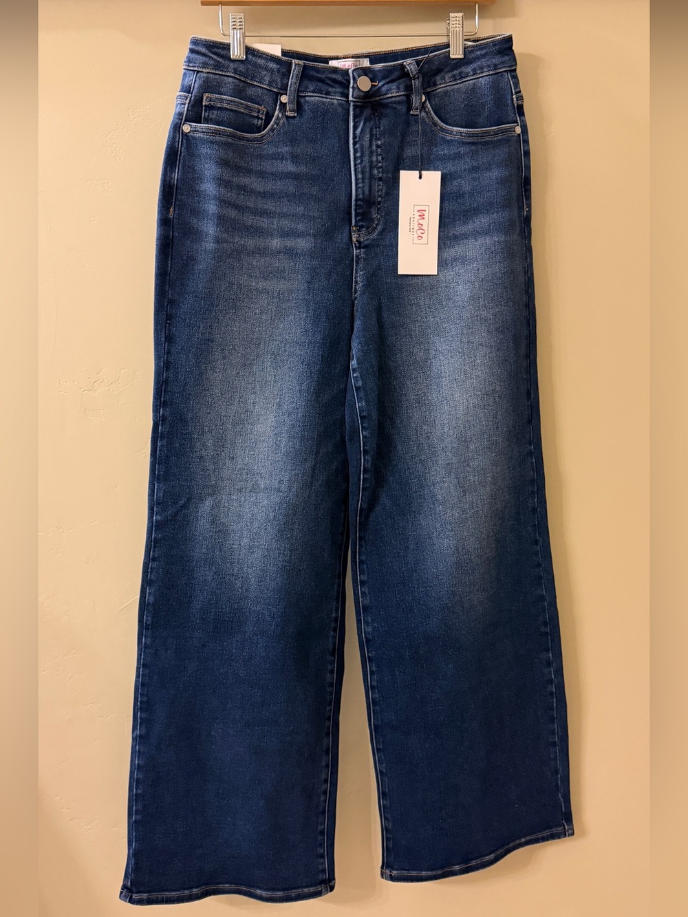Moco Boutique Wide Leg Dark Blue Jeans with Tummy Control and Faded Finish